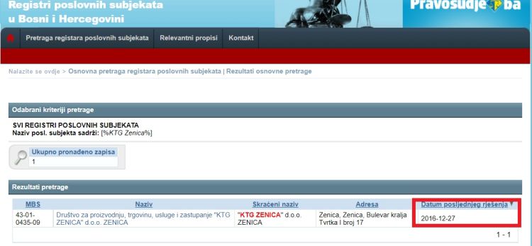 stranica registarskog suda rjesenje KTG Zenica obnovljeno 2016. 1