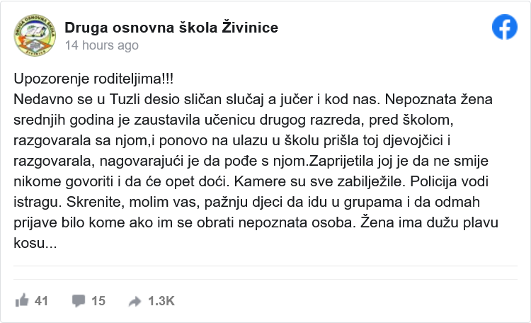 Screenshot 2022 10 05 at 09 03 20 Škola iz Živinica upozorava na ženu koja pokušava da otme djecu